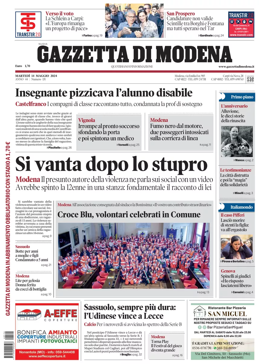 Prima-pagina-gazzetta di modena-oggi-edizione-del-2024-05-14